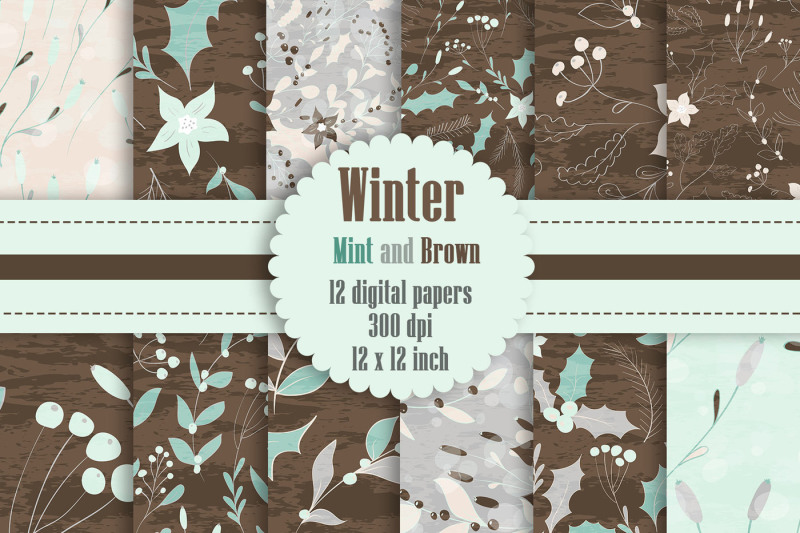 12-winter-floral-digital-papers-in-mint-and-brown-color