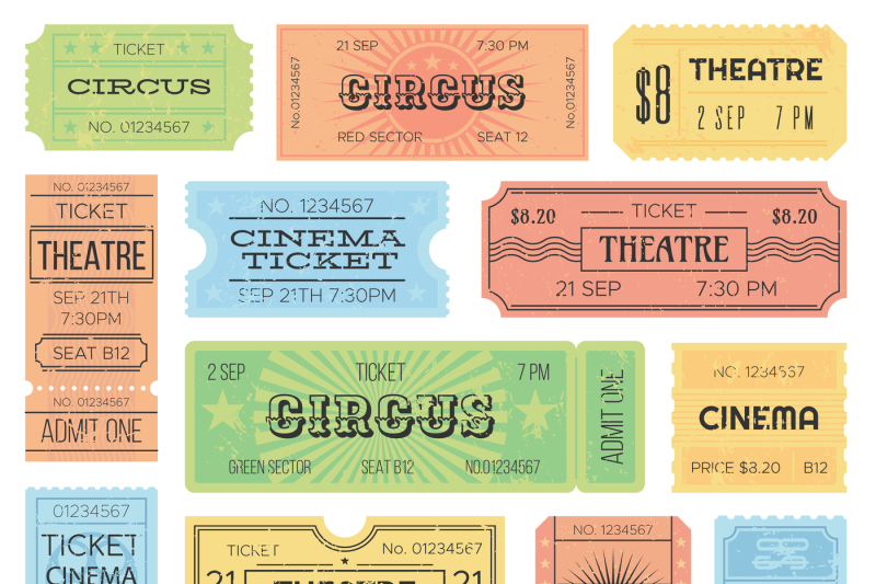 theater-or-cinema-admit-one-tickets-circus-coupons-and-vintage-old-re
