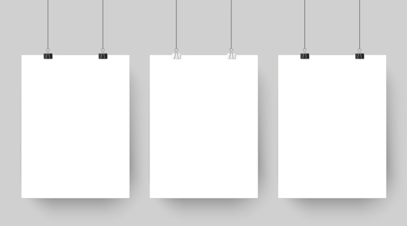 empty-affiche-mockup-hanging-on-paper-clips-white-blank-advertising-p