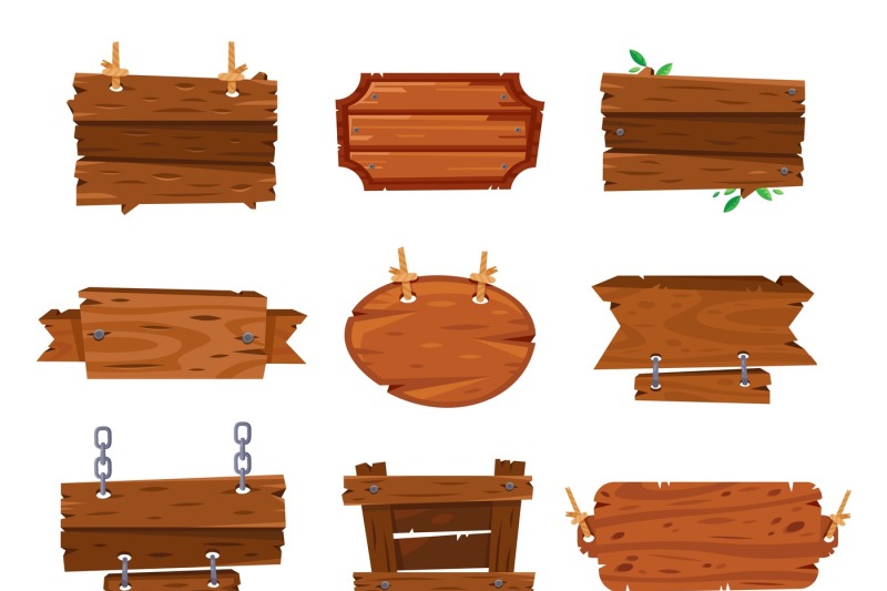 cartoon-wood-boards-signs-and-brown-wooden-banners-timber-plate-plank