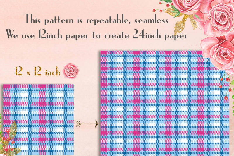 24-pink-and-blue-plaid-digital-papers-tartan-gingham