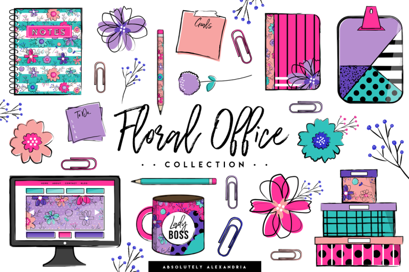 floral-office-clipart-illustrations-and-seamless-paper-patterns-bundle