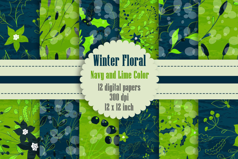 12-winter-floral-digital-papers-in-navy-and-lime-color