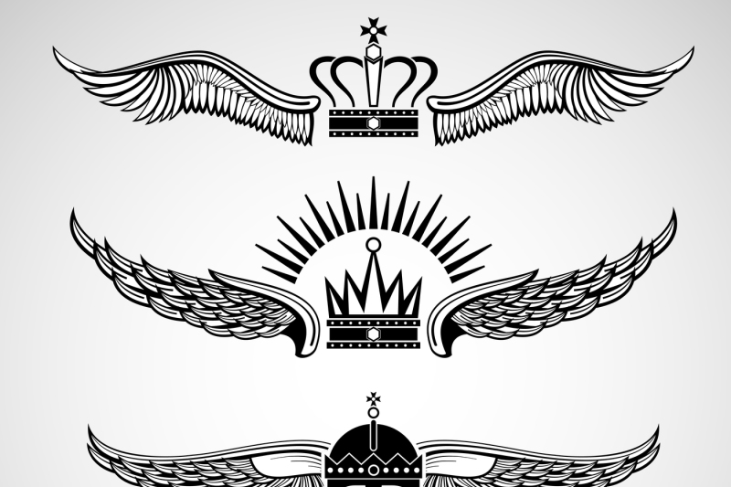 wings-with-crowns-vector-emblems-set
