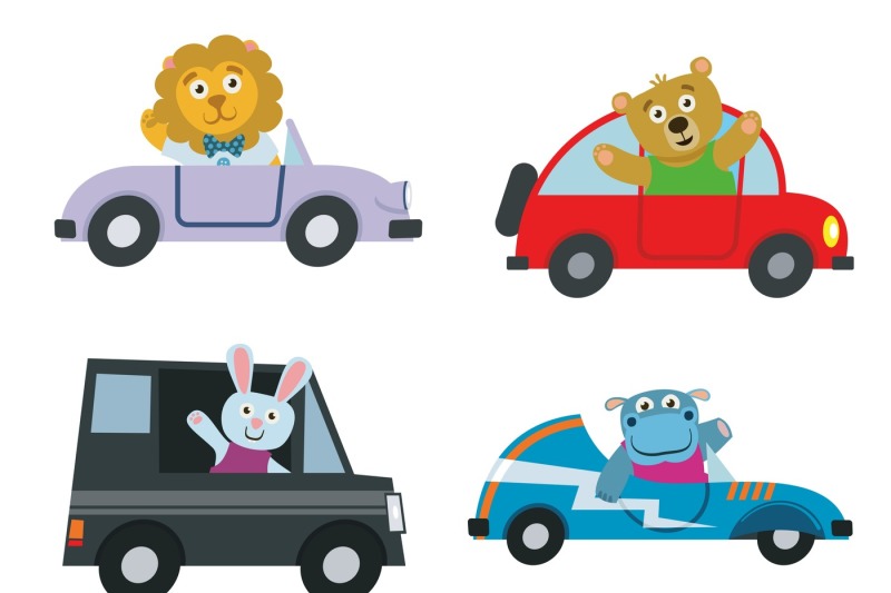 kids-cars-transport-with-cute-cartoon-animals-vector-set