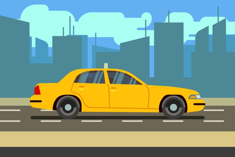 yellow-car-taxi-cab-in-cityscape-vector-illustration