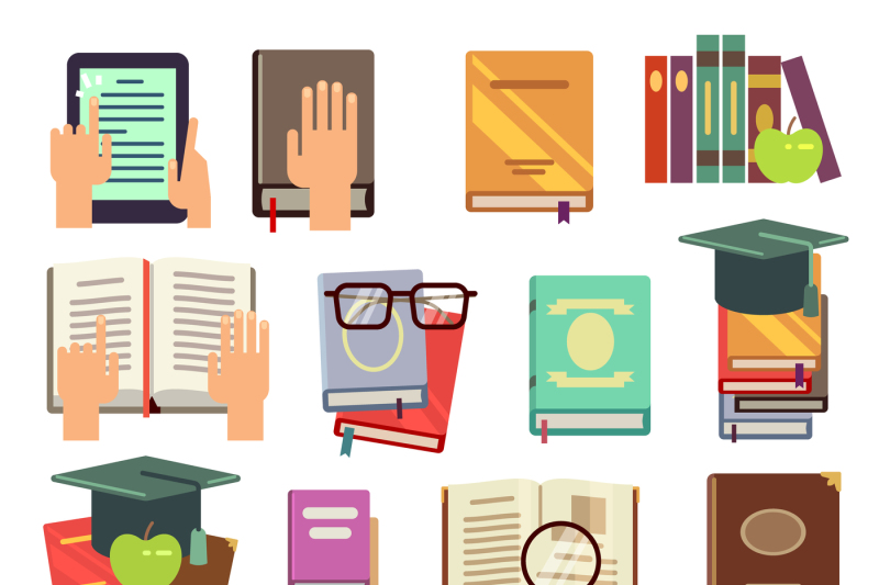 Download Library, books reading flat vector icons By Microvector | TheHungryJPEG.com