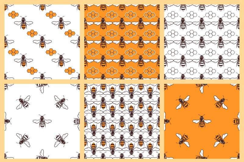 honey-and-bees-vector-seamless-patterns-set