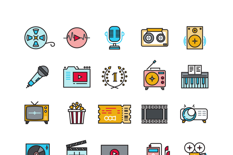 multimedia-sound-audio-music-radio-video-thin-line-vector-icons-with-f