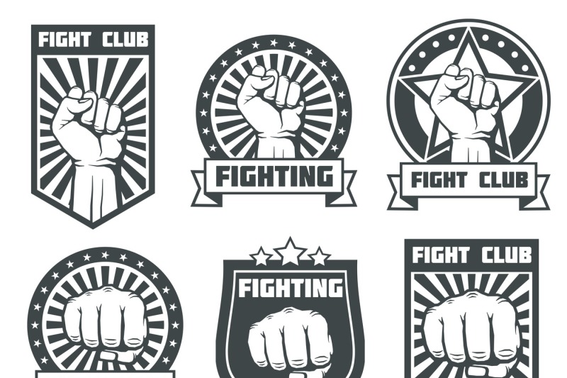 fight-club-with-fist-vintage-labels-logos-emblems-vector-set