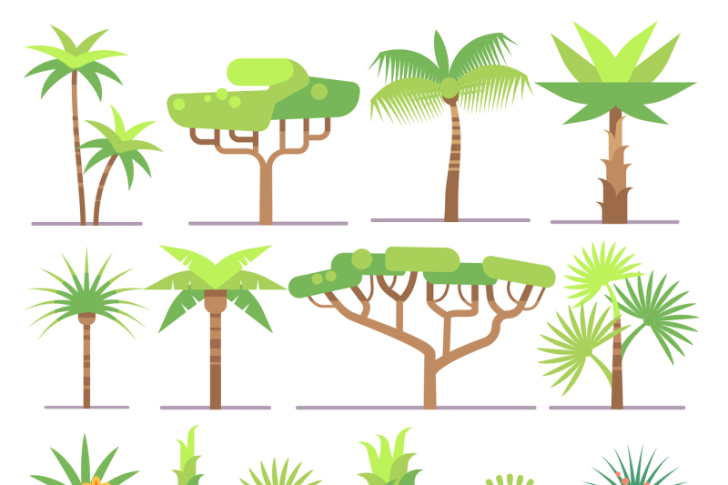 different-types-of-tropical-plants-trees-flowers-flat-vector-collect