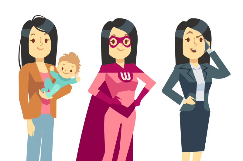 super-woman-in-superhero-costume-mom-with-baby-businesswoman-balanci