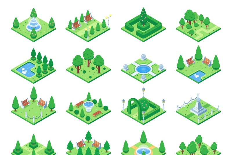 isometric-green-park-or-garden-trees-fountain-and-bushes-benches-and