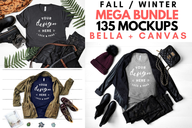 Free T-Shirt Mockup Mega Bundle Bella Canvas Fall Winter 3001 3200 Unisex (PSD Mockups)