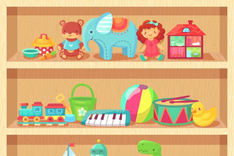 cartoon-toys-on-wood-shelves-funny-animal-baby-piano-girl-doll-and-pl