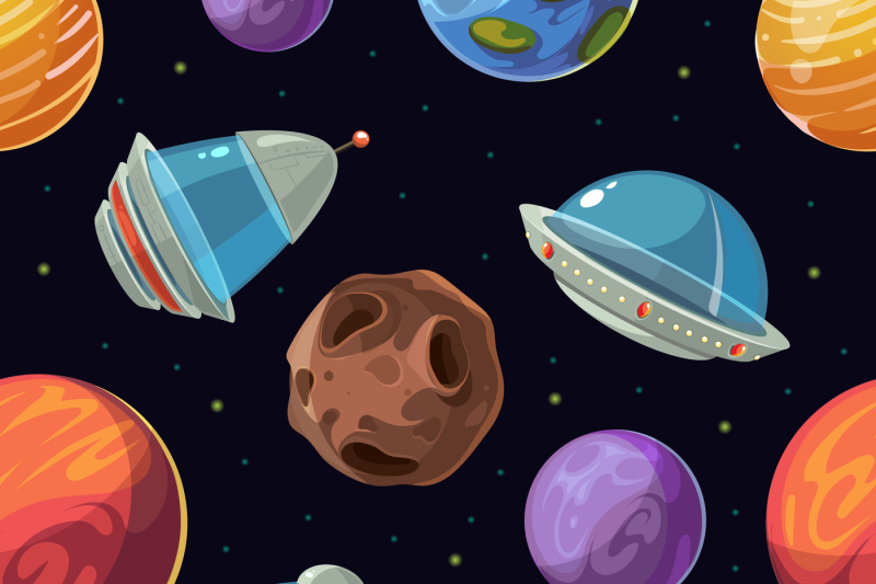 cartoon-space-with-planets-spaceships-ufo-vector-seamless-background