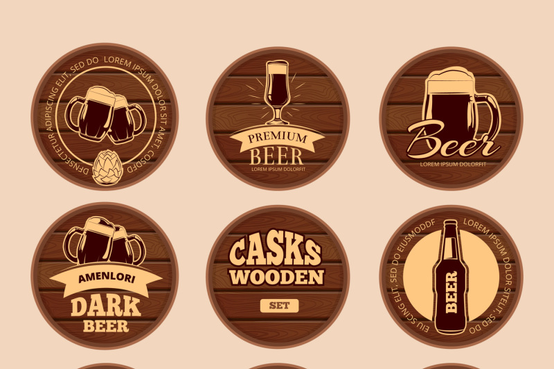 wooden-oak-barrel-signboards-retro-vector-circle-alcohol-labels-for-c