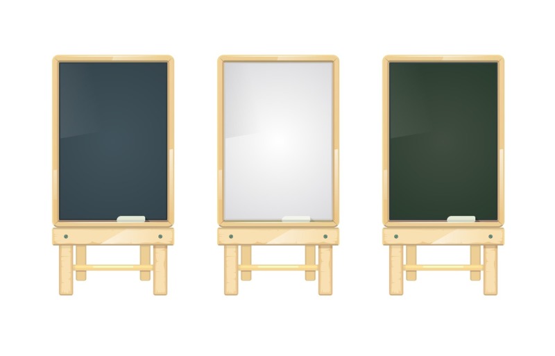 cartoon-black-white-and-green-school-blackboards-on-wooden-stand-vect