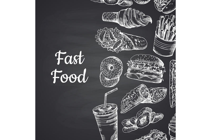 vector-illustration-with-white-fast-food-hand-drawn-on-chalkboard