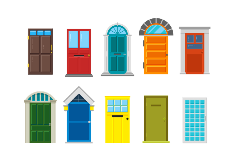 front-house-doors-flat-vector-set