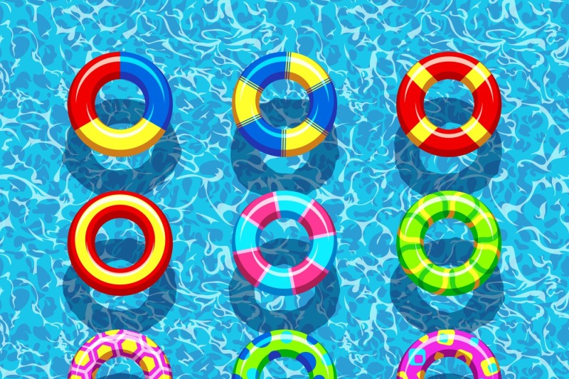 pool-rings-on-blue-water-background