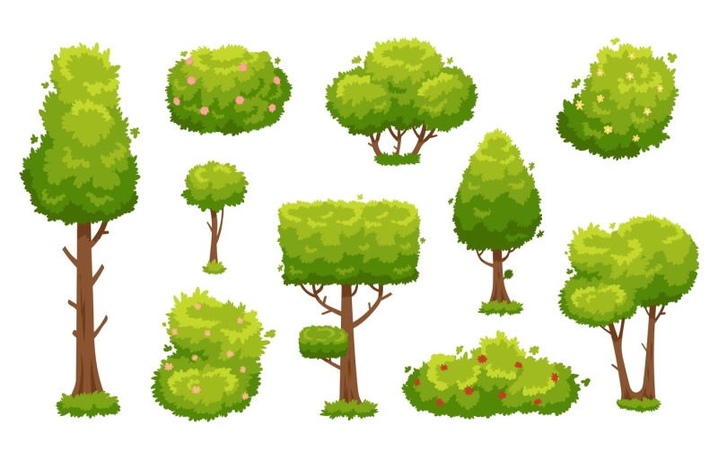 cartoon-trees-and-bushes-green-plants-with-flowers-for-vegetation-lan