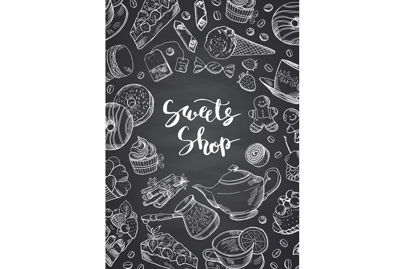 vector-hand-drawn-contoured-sweets-on-chalkboard-poster-illustration