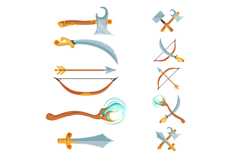 vector-set-of-fantasy-cartoon-game-design-crossed-and-in-the-row-sword