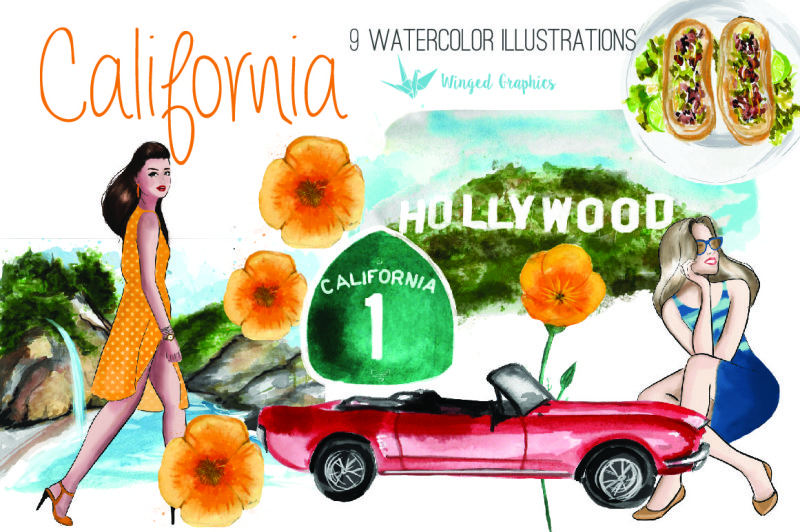 california-la-watercolor-illustrations-set-of-9