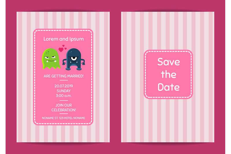 vector-wedding-invitation-template-with-cute-monster-couple-on-stripes