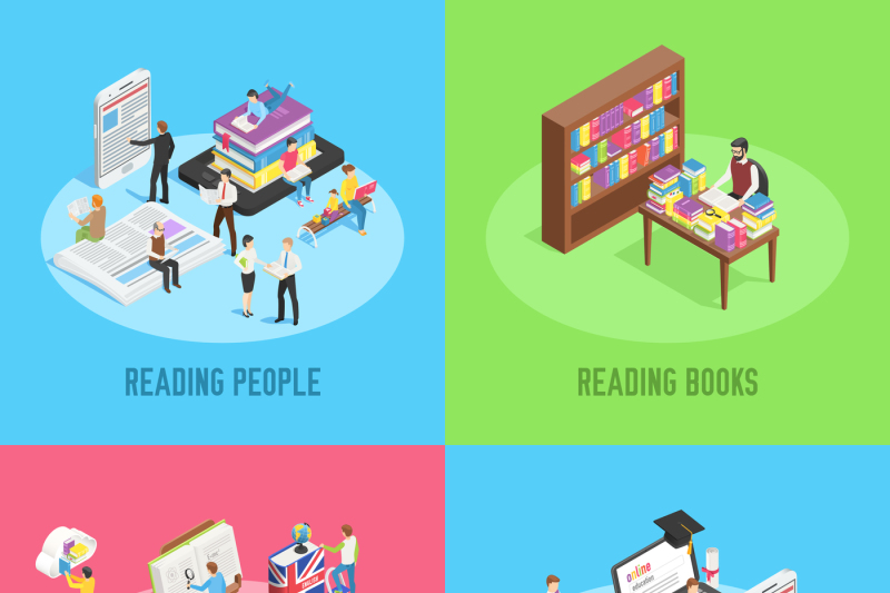 isometric-books-reading-educated-people-school-child-studying-school