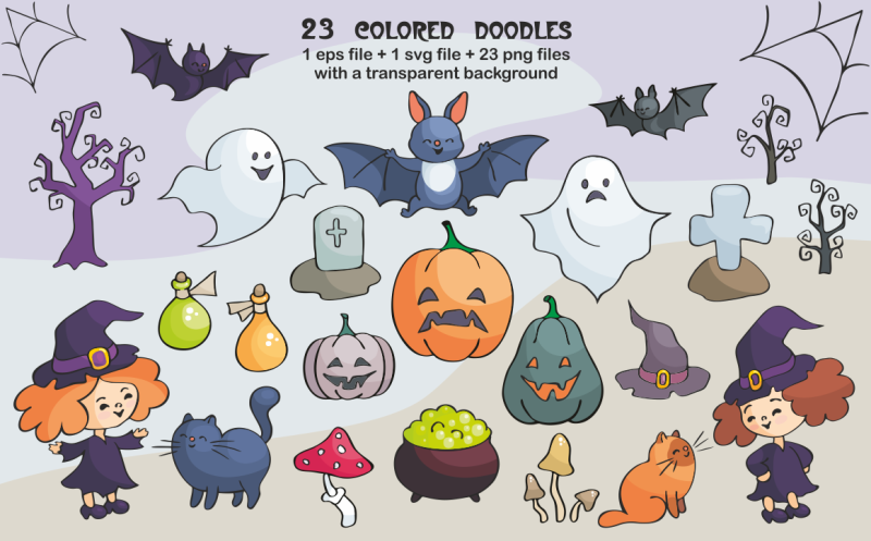 halloween-doodles-set-vector-clip-arts-and-seamless-patterns