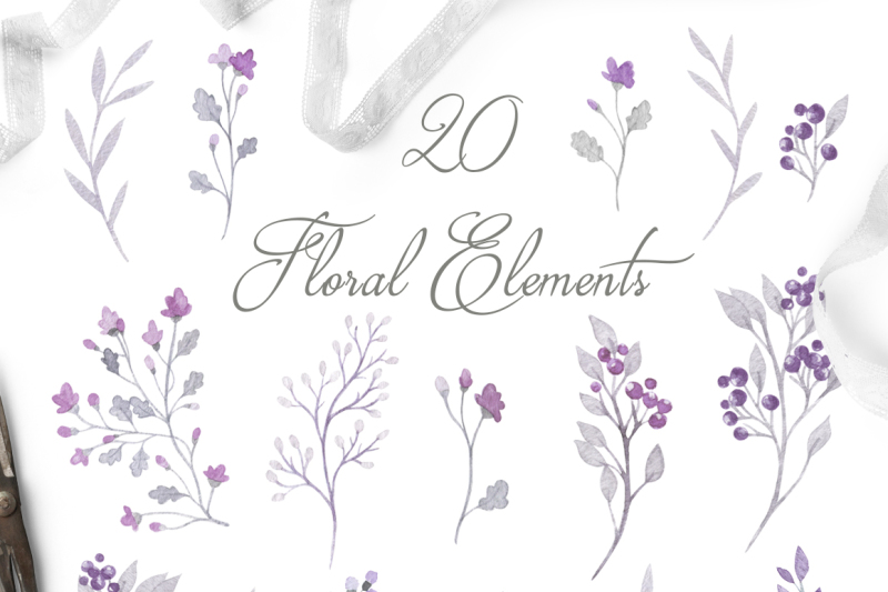 purple-watercolor-floral-set