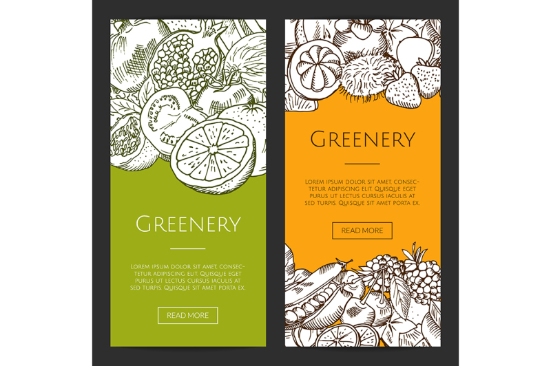 vector-doodle-sketched-fresh-fruits-and-vegetables-flyers-banners-set