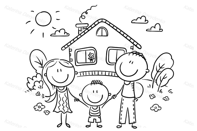 happy-cartoon-family-with-one-child-near-their-house-with-a-garden