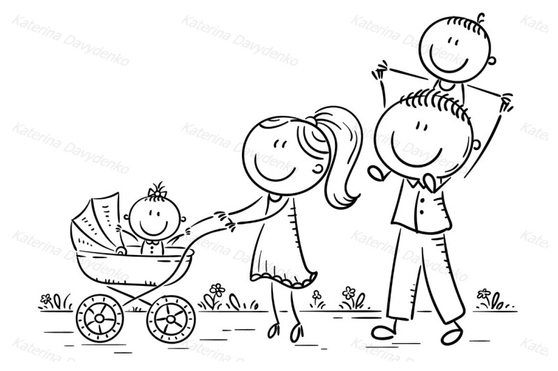 happy-cartoon-family-with-two-children-walking-outdoors