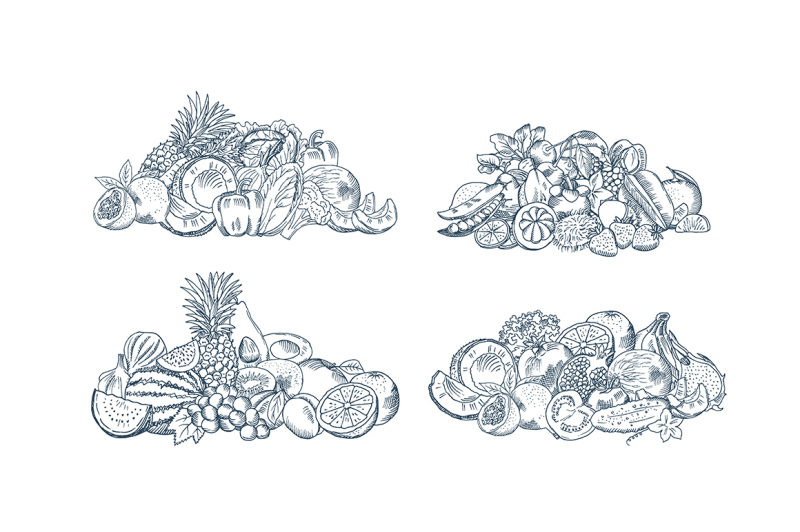 vector-hand-sketched-fruits-and-vegetables-piles-set