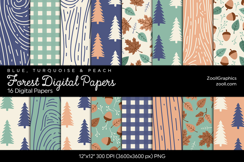 forest-digital-papers-blue-turquoise-and-peach