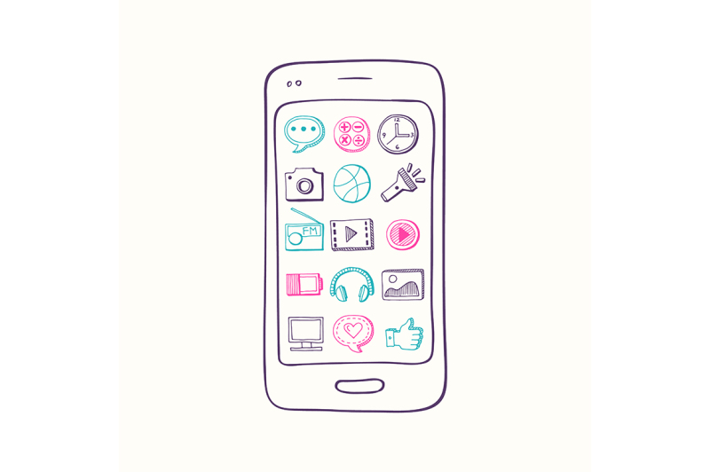 vector-hand-drawn-smartphone-with-app-icon-elements-on-screen