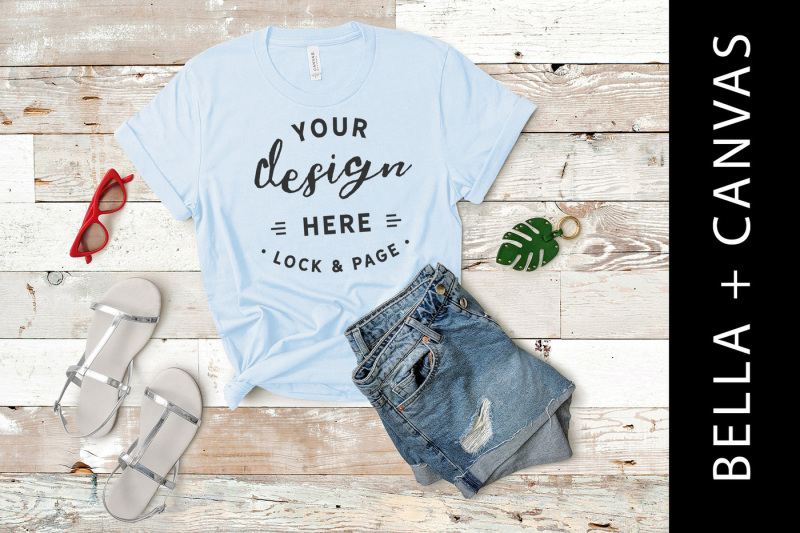 Download Light Blue Bella Canvas 3001 T-Shirt Mockup Shirt Flat Lay By Lock and Page | TheHungryJPEG.com