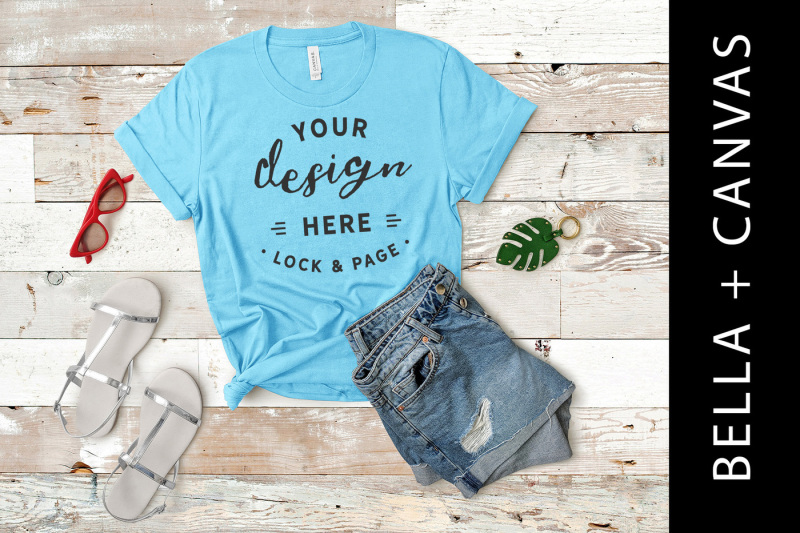 Free Aqua Bella Canvas 3001 T-Shirt Mockup Flat Lay (PSD Mockups)