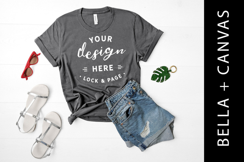 Free Asphalt Bella Canvas 3001 TShirt Mockup Flat Lay Women's Apparel (PSD Mockups)