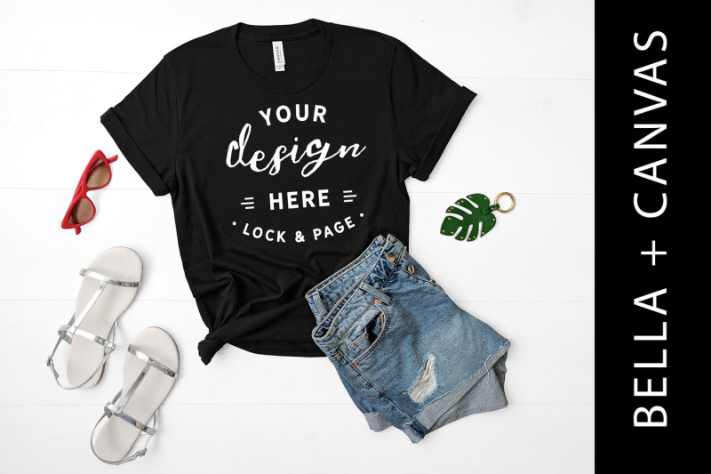 Free Black Bella Canvas 3001 T Shirt Mockup Ladies Fashion Flat Lay (PSD Mockups)