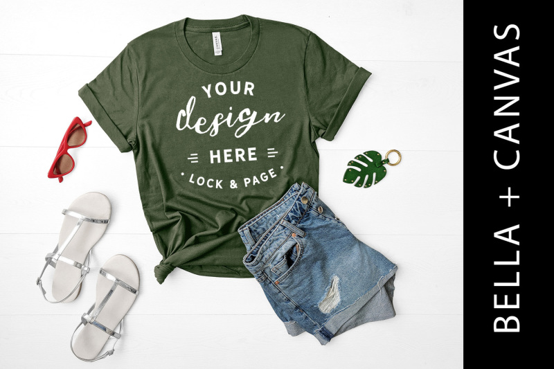 Free Military Green T Shirt Mockup Bella Canvas 3001 TShirt Mock Up (PSD Mockups)