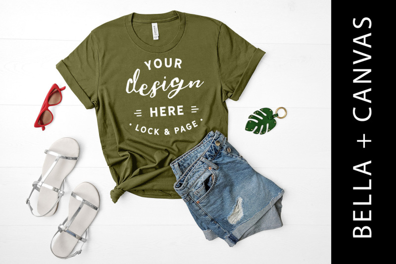 Free Olive Bella Canvas 3001 T-Shirt Mockup Feminine Fashion Flat Lay (PSD Mockups)