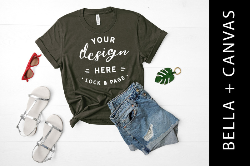 Free Army Bella Canvas 3001 T-Shirt Mockup Fashion Flat Lay For Women (PSD Mockups)
