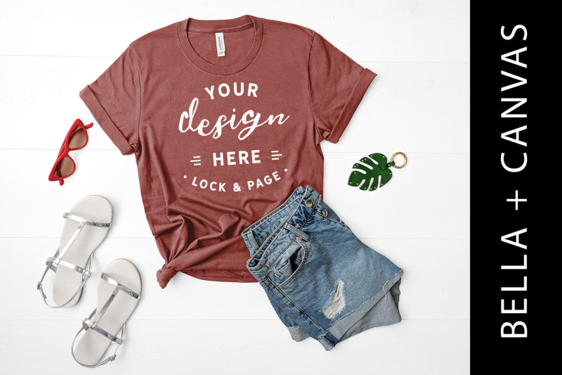 Free Mauve Bella Canvas 3001 T Shirt Mockup Beach House Apparel Flat Lay (PSD Mockups)