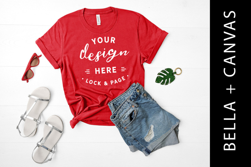 Free Red Shirt Mockup Bella Canvas 3001 Feminine Flat Lay (PSD Mockups)