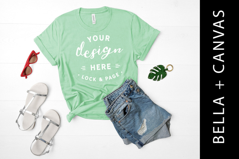 Free Mint Tee Shirt Mockup Bella Canvas 3001 T-Shirt Flat Lay (PSD Mockups)