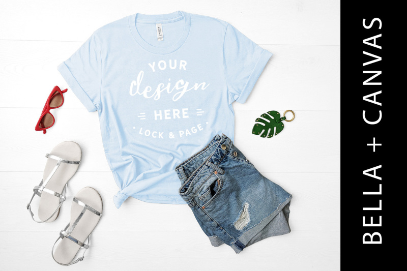 Free Light Blue Bella Canvas 3001 T-Shirt Mockup Shirt Flat Lay (PSD Mockups)
